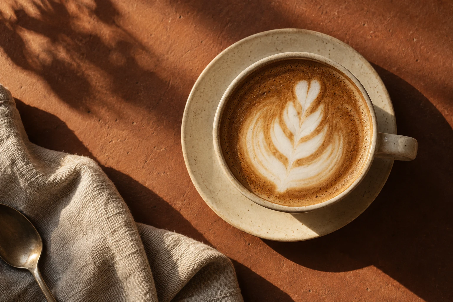 Cappuccino in einer handgefertigten Keramiktasse im warmen Nachmittagslicht